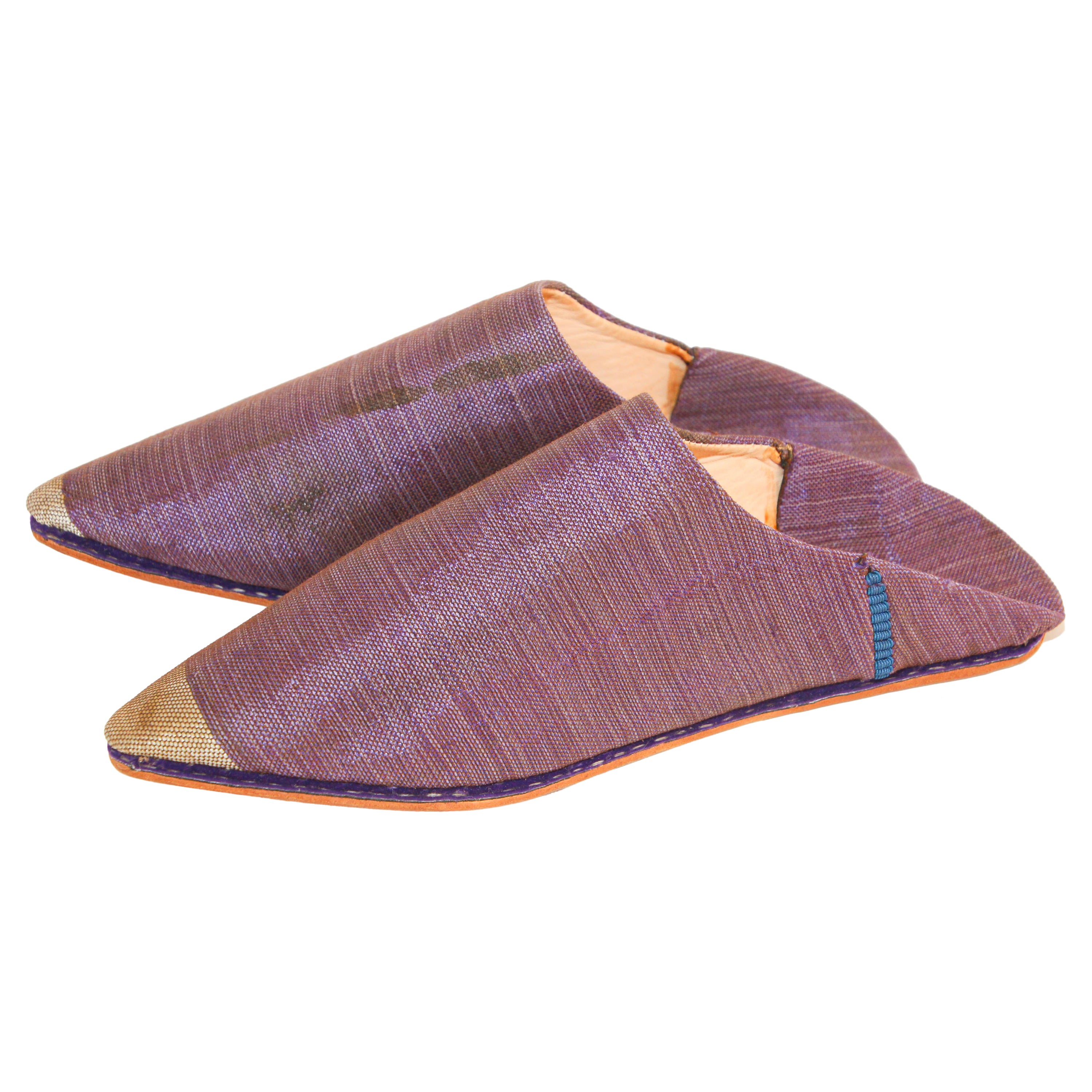 Moroccan Babouches Silk Slippers from Marrakech Pointed Flat Mules Purple For Sale