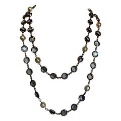 Chanel Vintage Grey Crystal Faux Pearl  Sautoire Necklace 