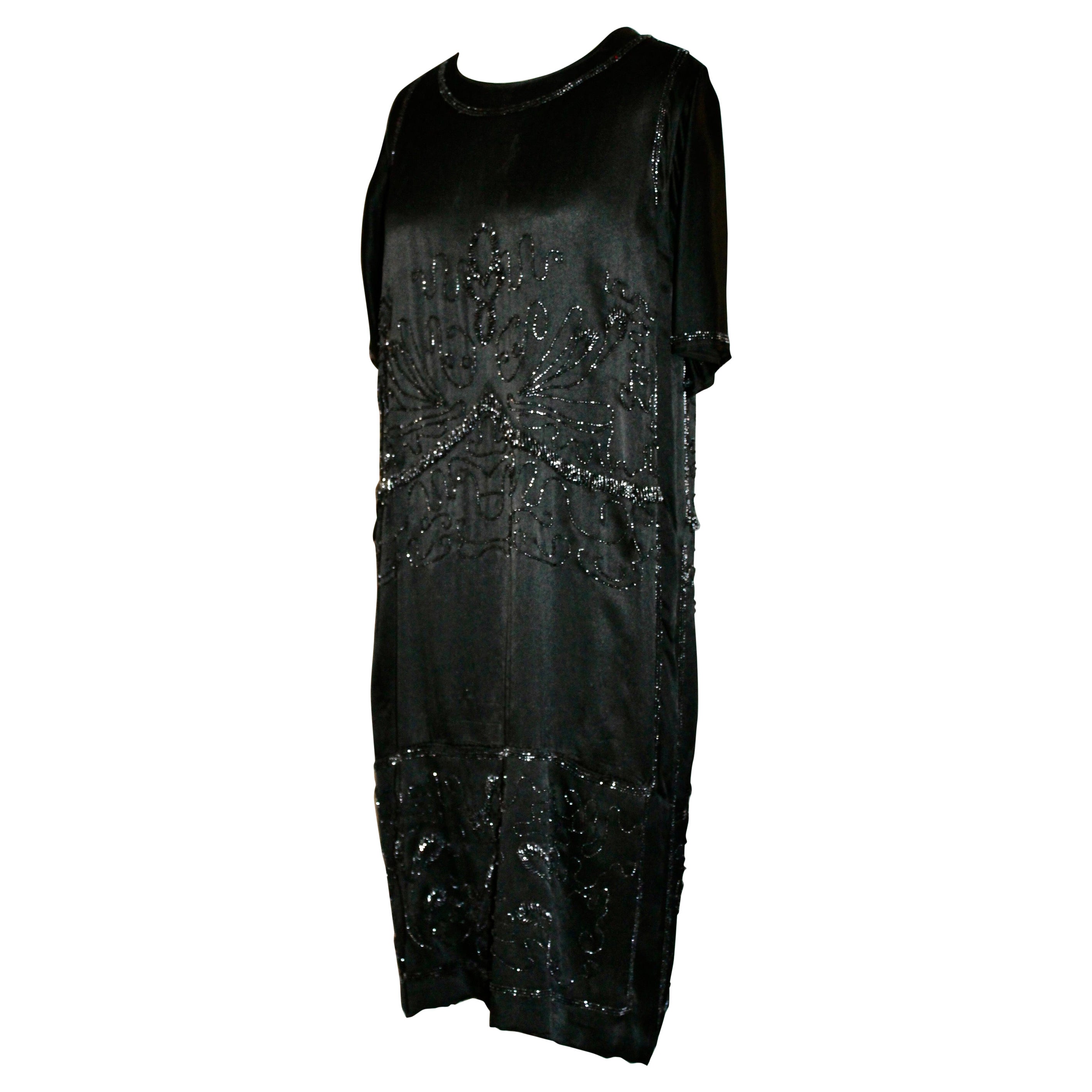 Beaded Black Silk Flapper Dress For Sale