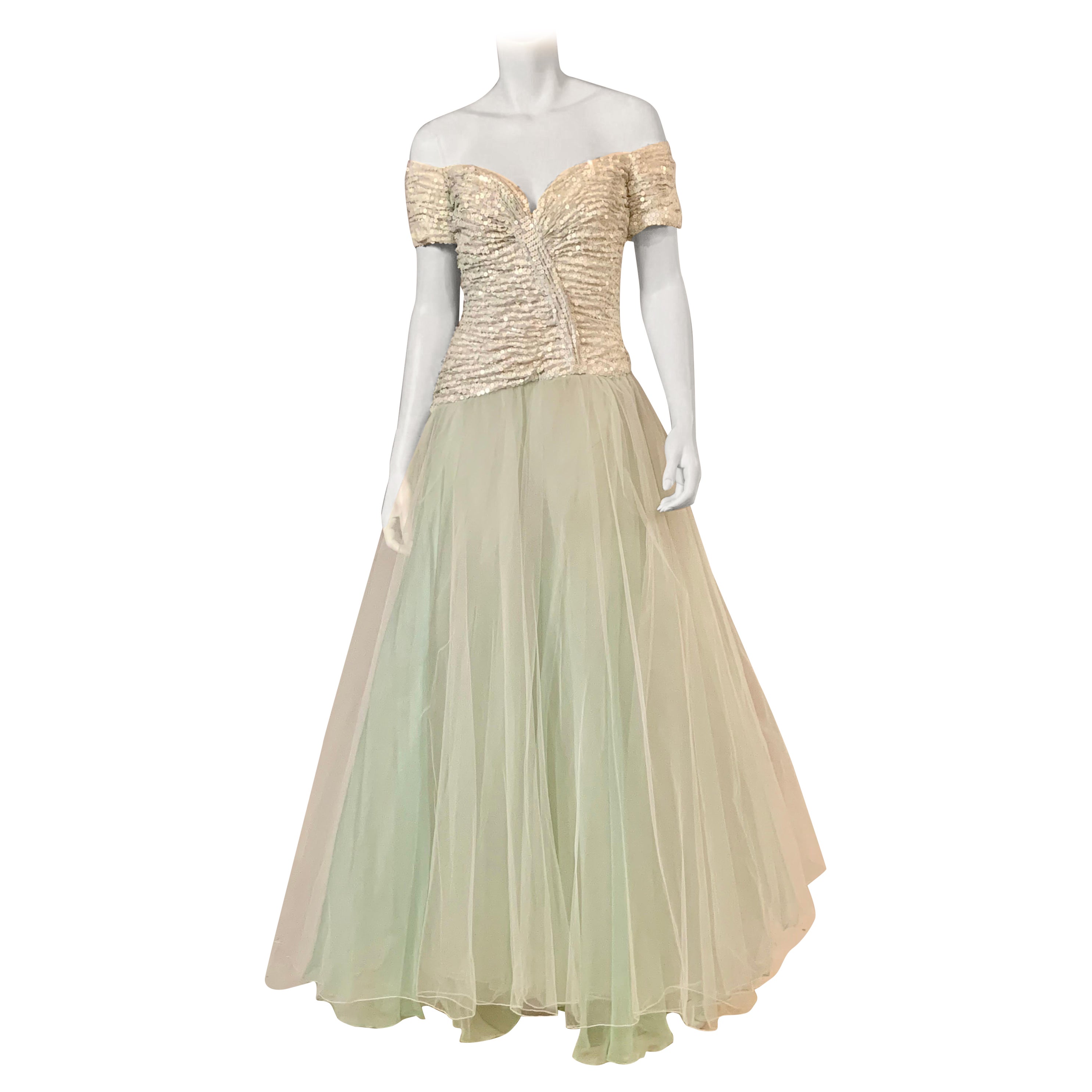 Vicky Tiel Couture, Paris  Pale Aquamarine and White Sequin and Tulle Gown For Sale