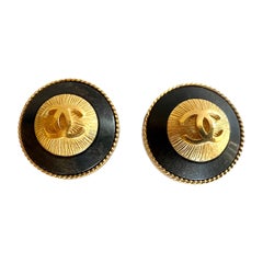 Vintage Chanel Logo CC Wood Gilt Metal Button Earrings 