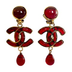 Vintage Red Chanel Double CC Drop Earrings
