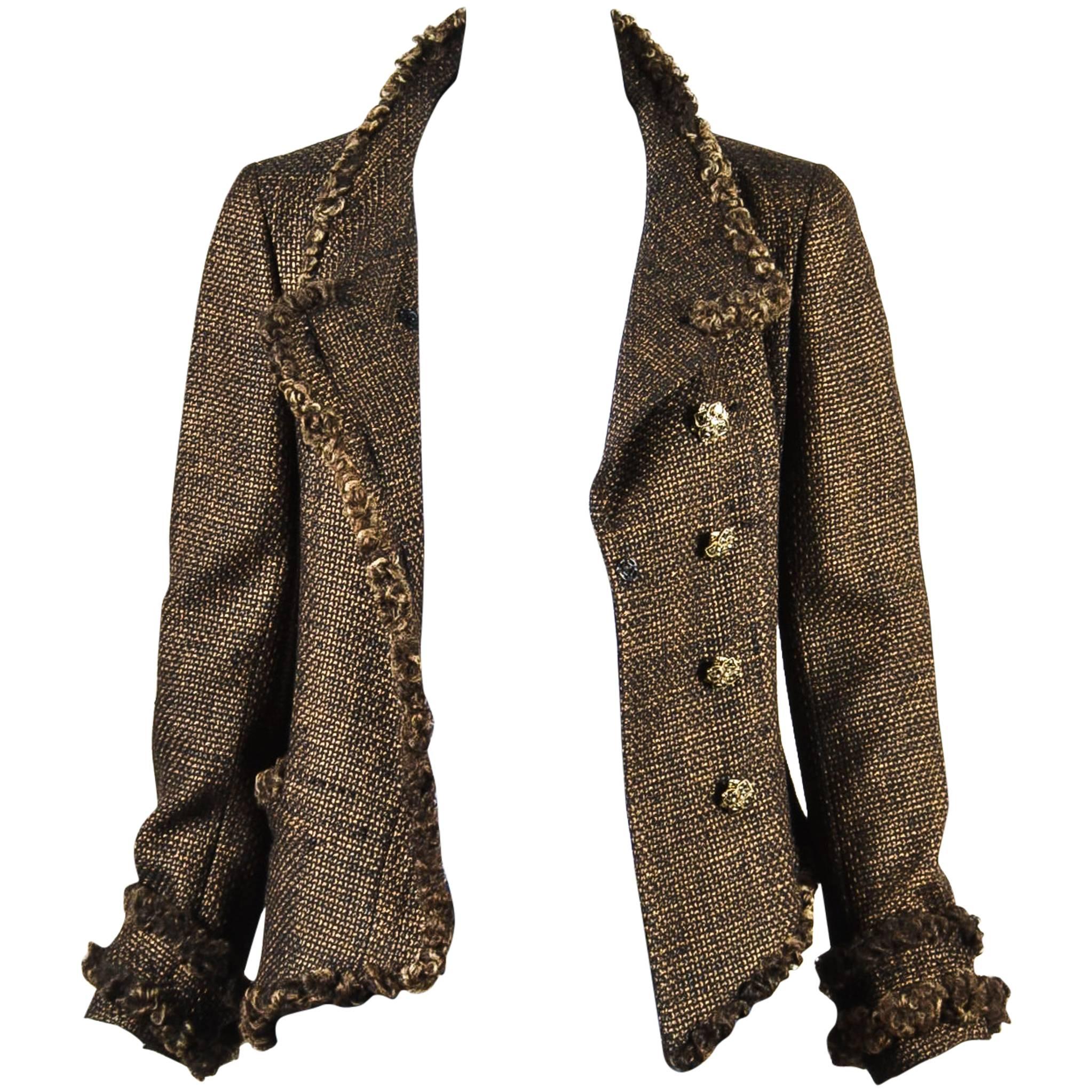 Chanel 09A Brown Metallic Tweed Fur Trim Embellished Button LS Jacket Size 38 For Sale