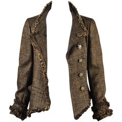 Chanel 09A Brown Metallic Tweed Fur Trim Embellished Button LS Jacket Size 38