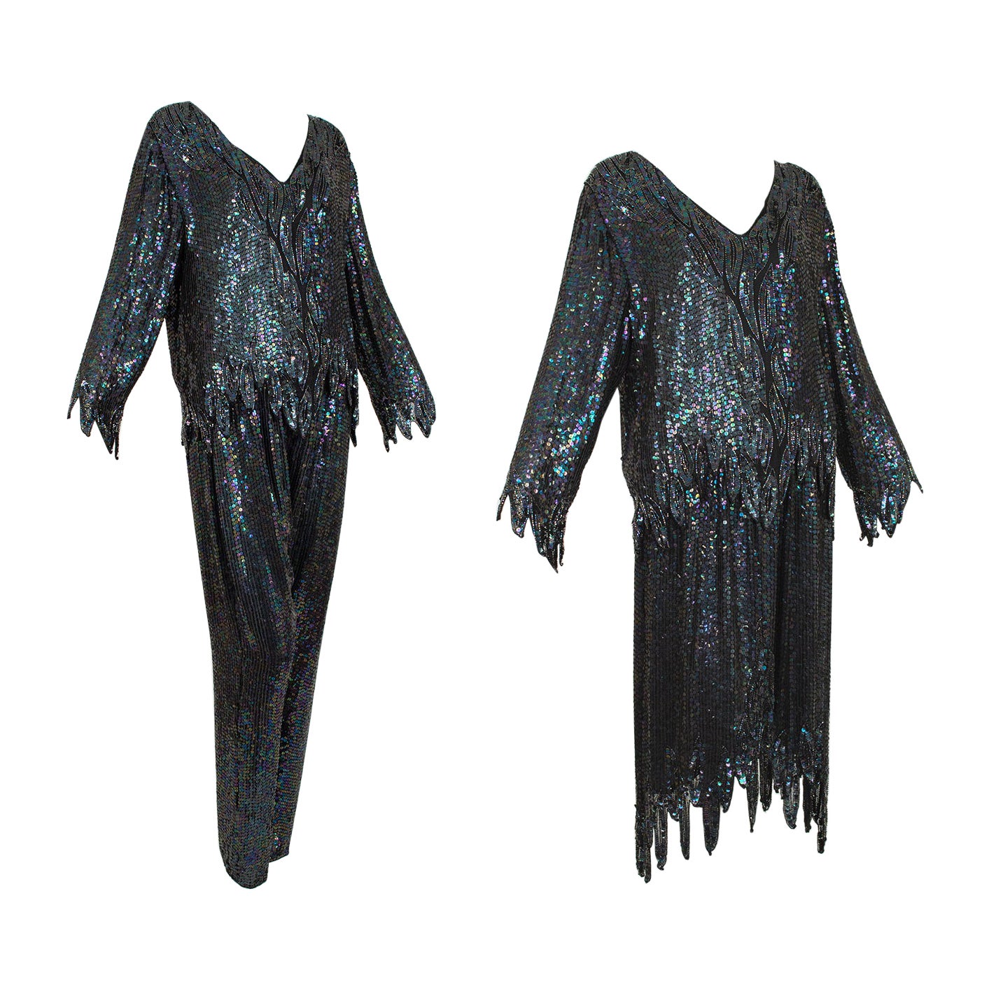 Black Sequin Zig Zag Edge Top, Skirt and Jogger Co-ord Set – M-L, 1980s For Sale