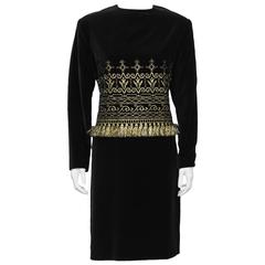 1980's Zandra Rhodes Black Velvet And Gold Fringe Cocktail Dress 7