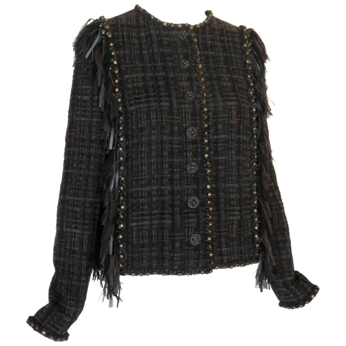 2014 CHANEL Paris-Dallas Leather Tweed Fringe Jacket