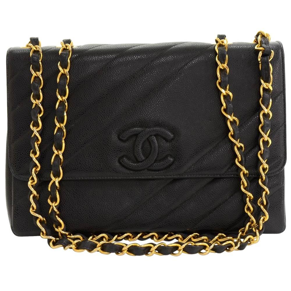 Chanel 12" Flap Black Quilted Caviar Leather Shoulder Bag Cross Lines