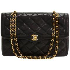 Vintage Chanel 2.55 10" Double Flap Black Quilted Leather Paris Limited Shoulder Bag