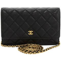 Vintage Chanel Black Quilted Caviar Leather Wallet On Long Shoulder Chain
