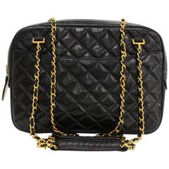 Vintage Chanel 12" Black Leather Medium Shoulder Tote Bag