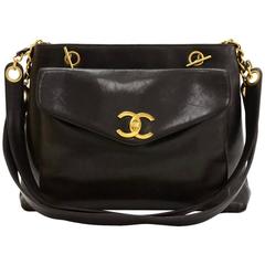 Chanel 12" Black Leather Medium Shoulder Tote Bag