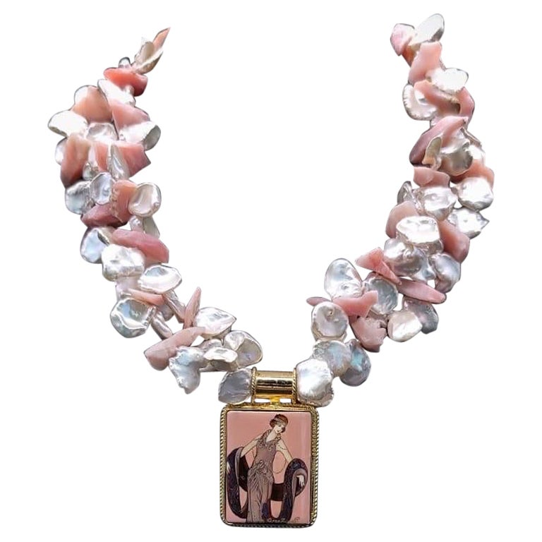 A.Jeschel Fabulous Keshi Pearls necklace with an Art Deco pendant. For Sale