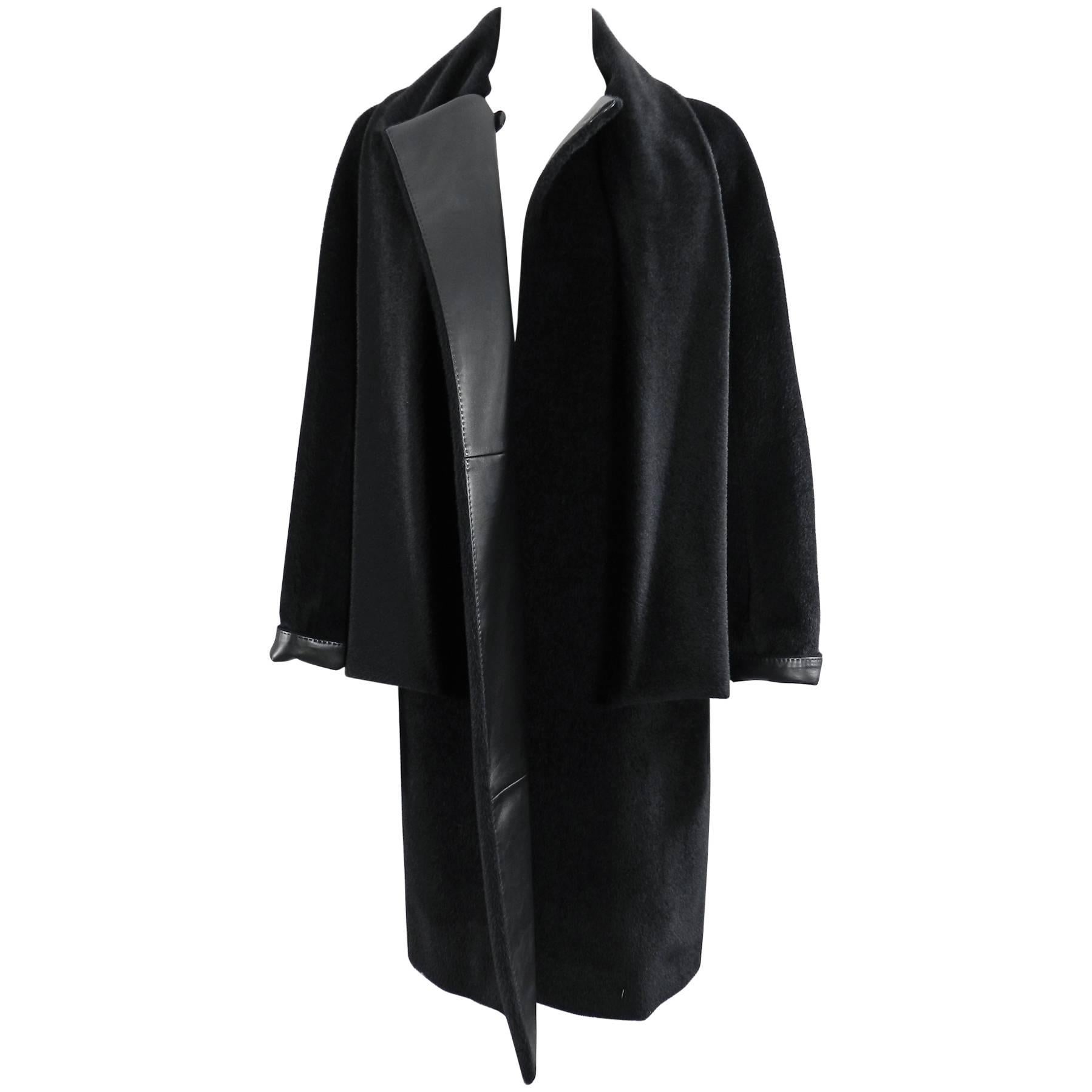 Hermes Black Alpaca and Leather Trim Coat