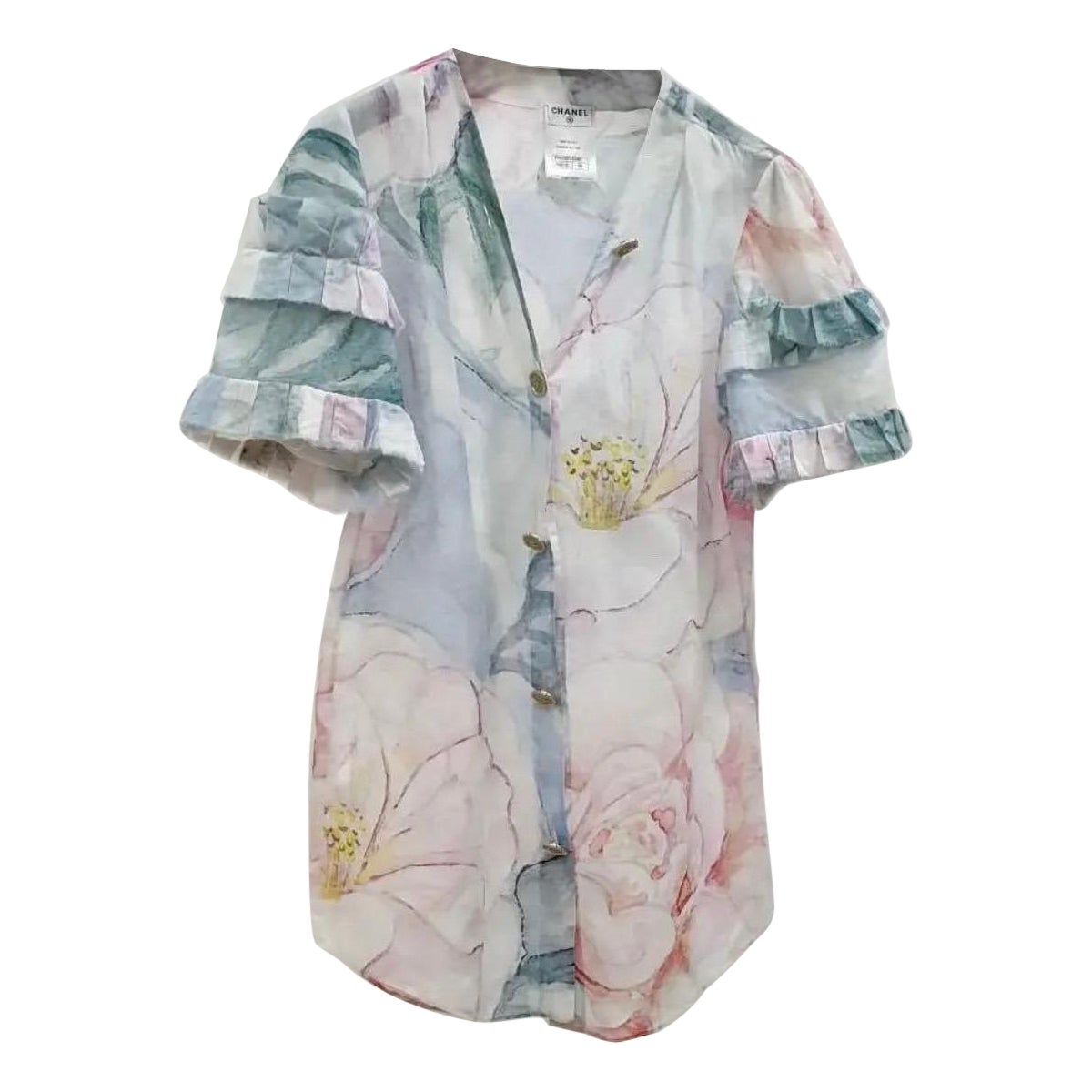 Chanel Multicolor Floral Print Ruffle Cotton Blouse  For Sale