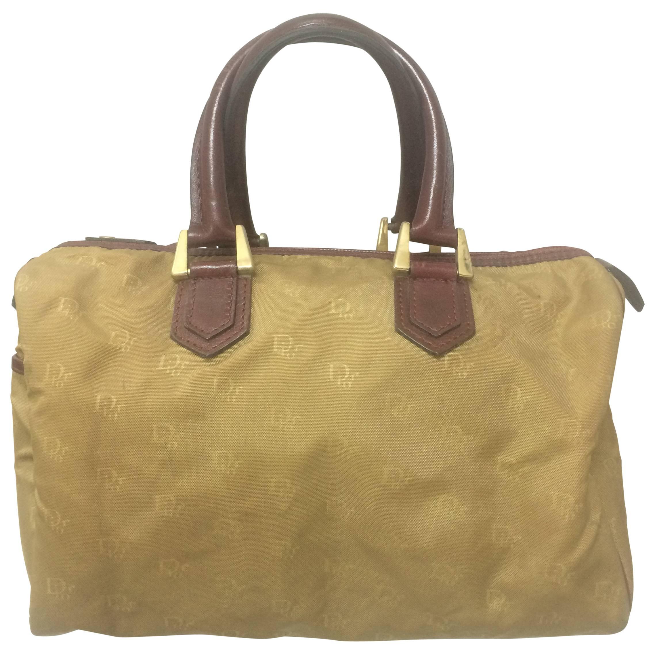 Vintage Christian Dior beige handbag purse in logo jacquard and wine leather For Sale