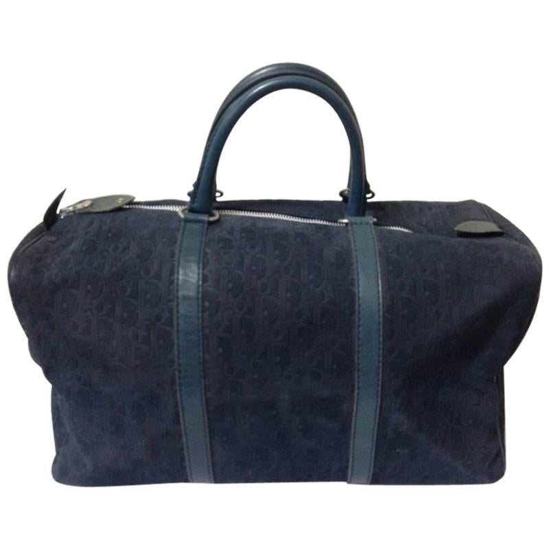Vintage Christian Dior Bagages navy genuine suede leather travel duffle bag For Sale