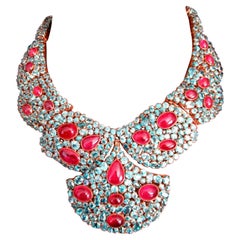 Vintage Cabochon Ruby and Blue Topaz Sterling Silver Statement Necklace