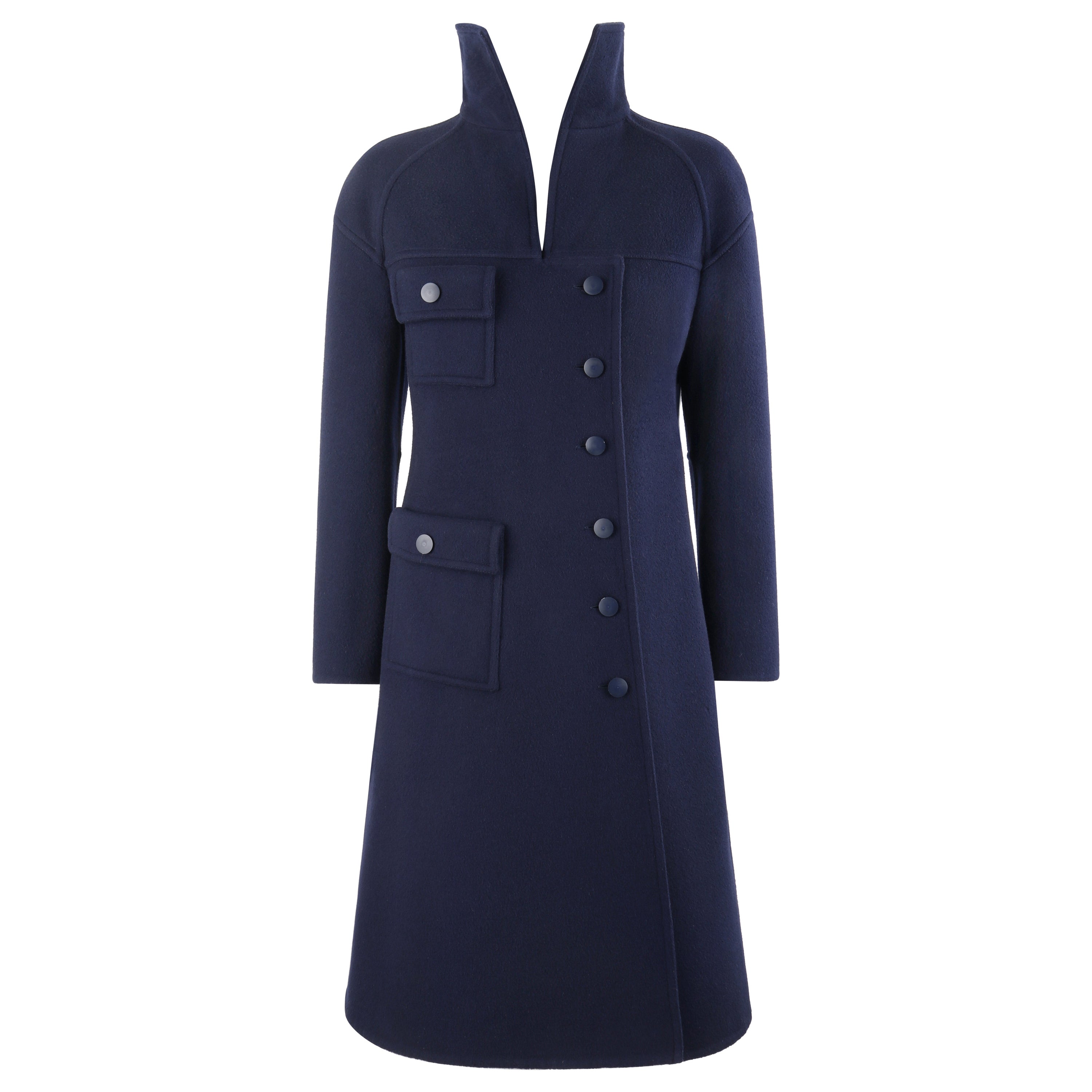 COURREGES c.1970's Couture Future Marine Navy Asymmetrical Button Front Overcoat For Sale