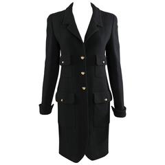 Chanel 1993 Fall Vintage Black Wool Jacket / Dress / Coat with CC buttons