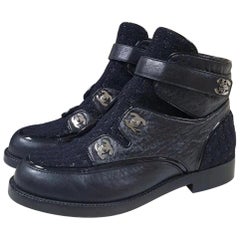 Chanel CC Buttons Black Tweed Leather Ankle Boots