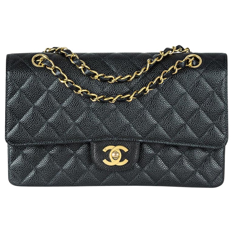 Chanel Vintage 24k Black Caviar Medium Classic Double Flap Bag at