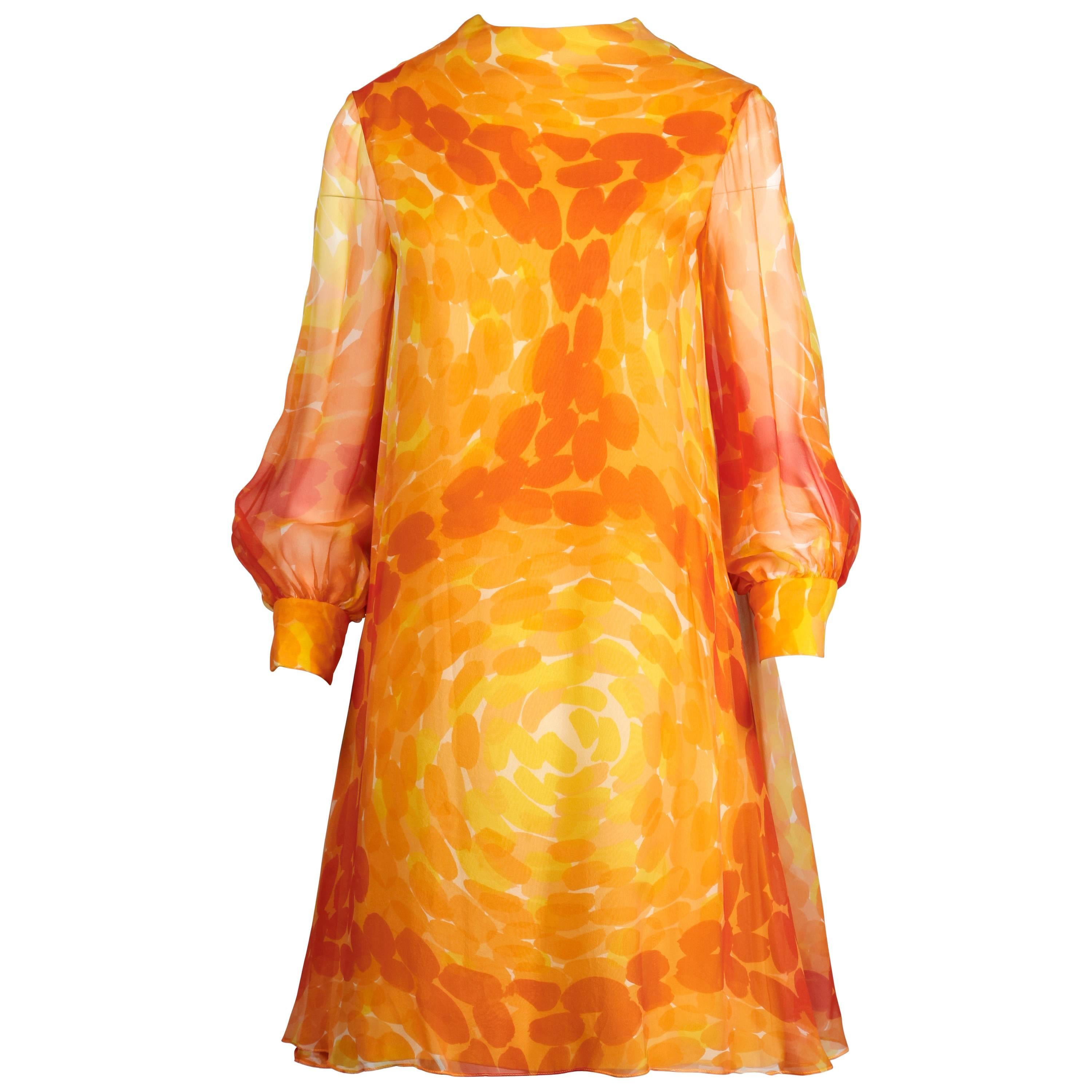 Pab 1960s Vintage Screen Print Silk Chiffon Mod Dress in Yellow and Orange For Sale