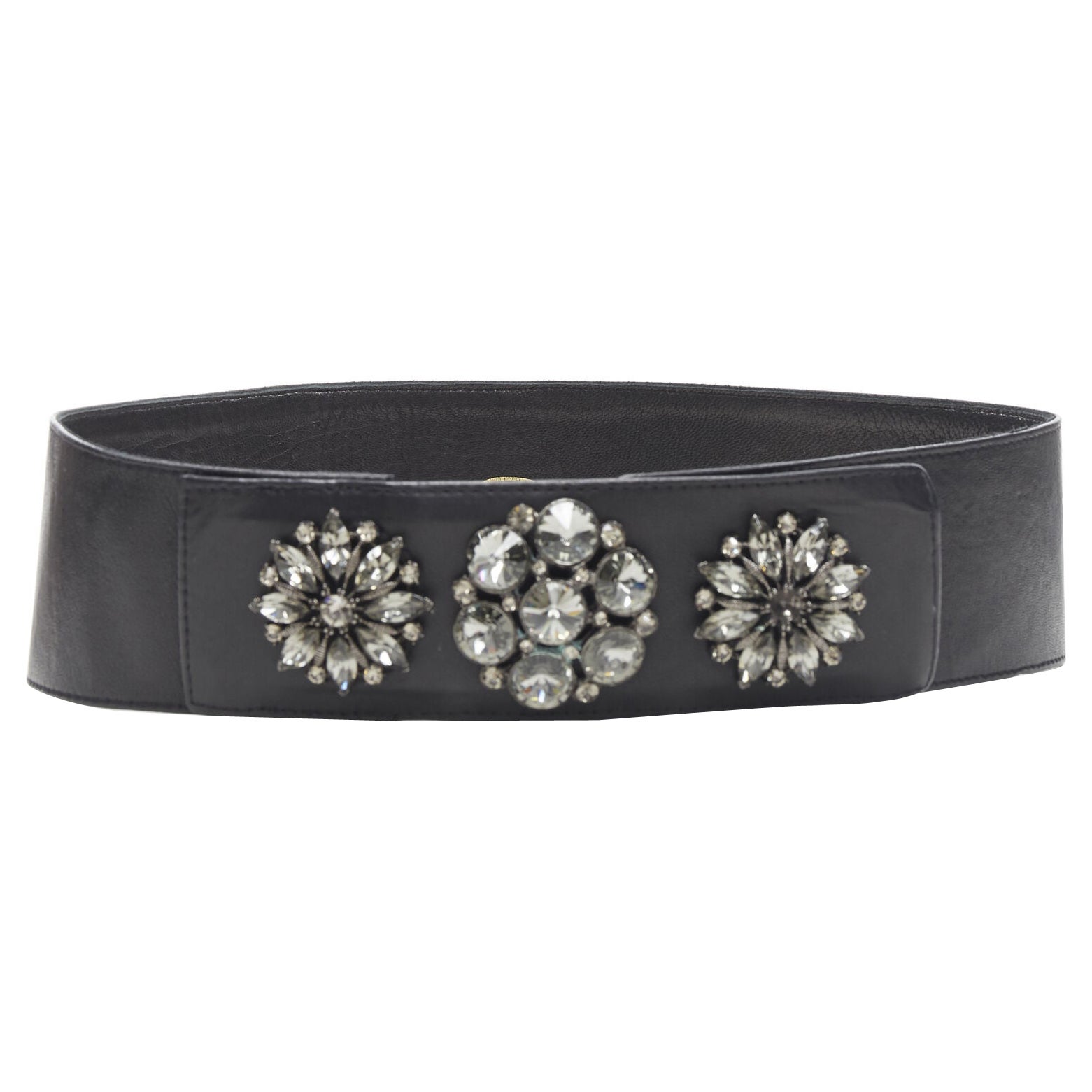OSCAR DE LA RENTA black leather strass crystal jewel embellished belt S 27"