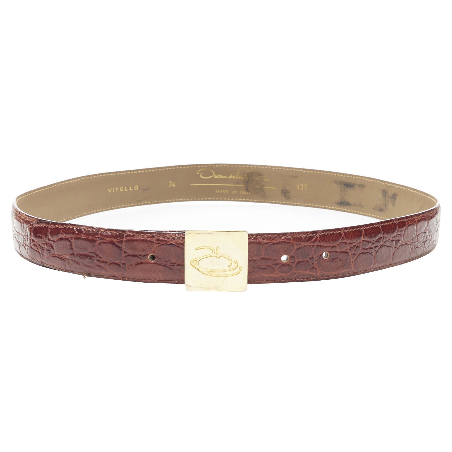 OSCAR DE LA RENTA brown stamped mock croc gold logo buckle belt 32"-36" For Sale