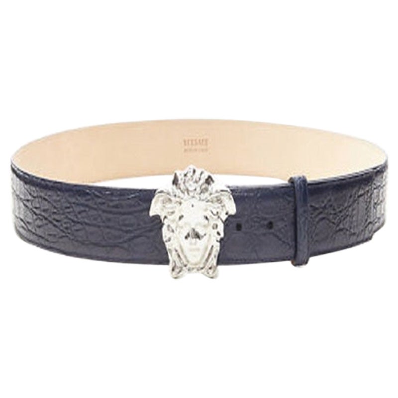 new VERSACE $1200 La Medusa silver buckle blue scaled leather belt 80c 30-34" For Sale