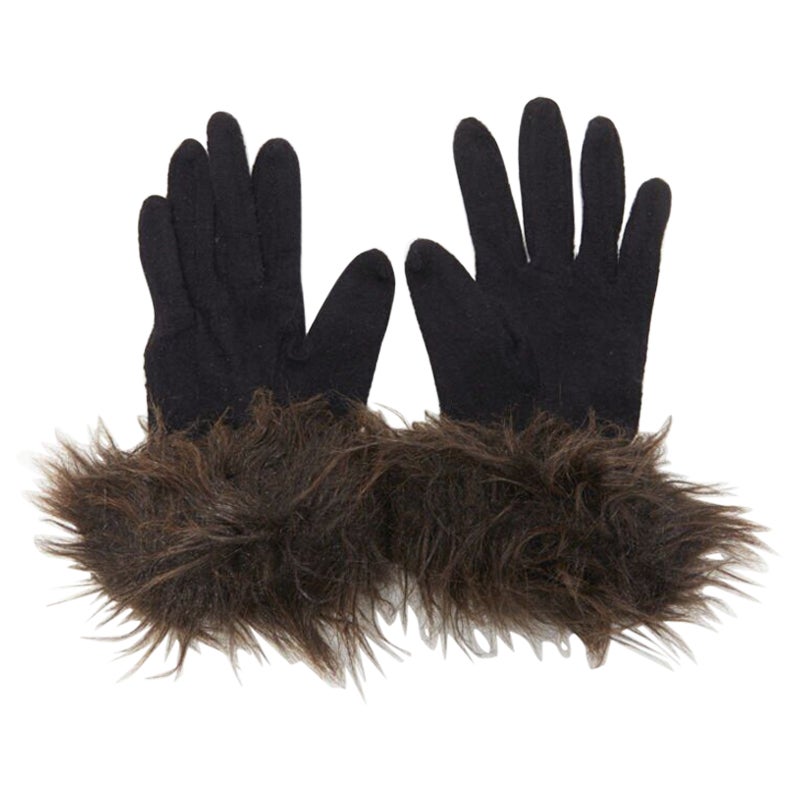 YOHJI YAMAMOTO black washed wool brown faux fur trimmed winter gloves For Sale
