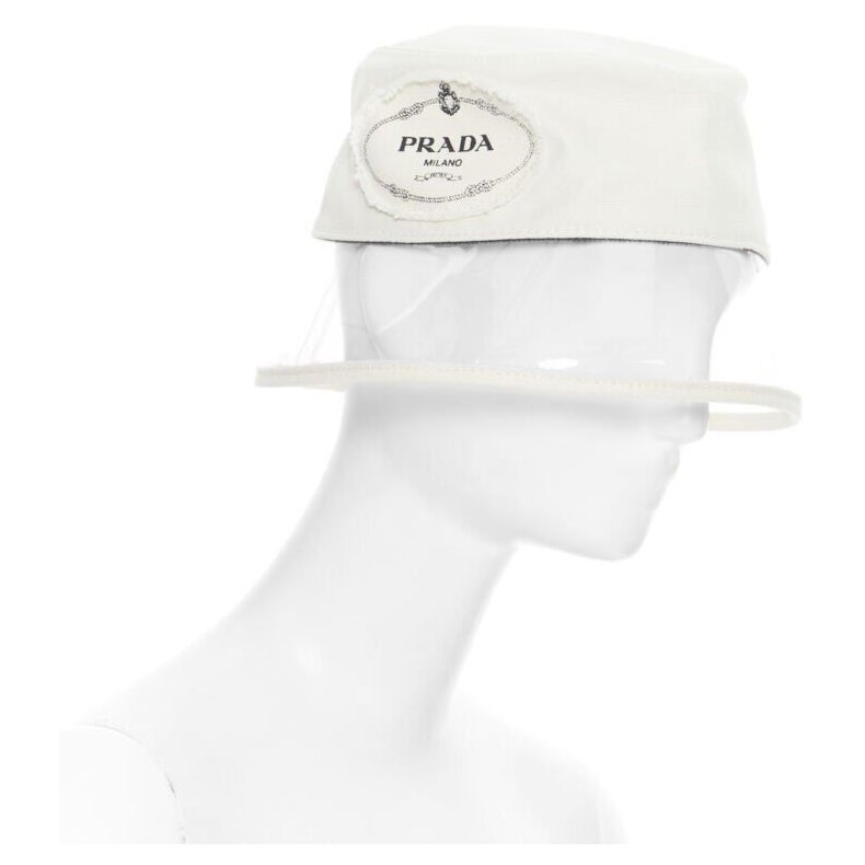 new PRADA 2018 cream cotton frayed logo clear PVC brim shield 90's bucket hat M