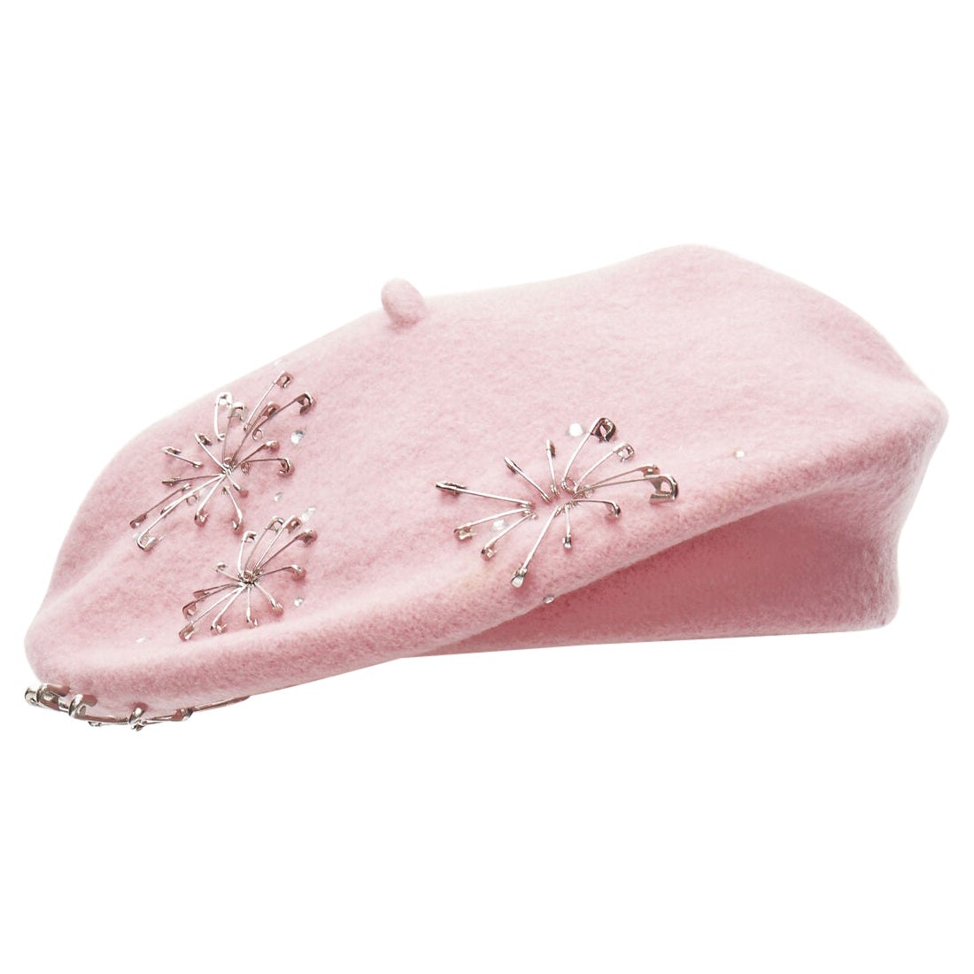 new MISS JONES Stephen Jones Pins candy pink wool safety pin crystal beret hat For Sale