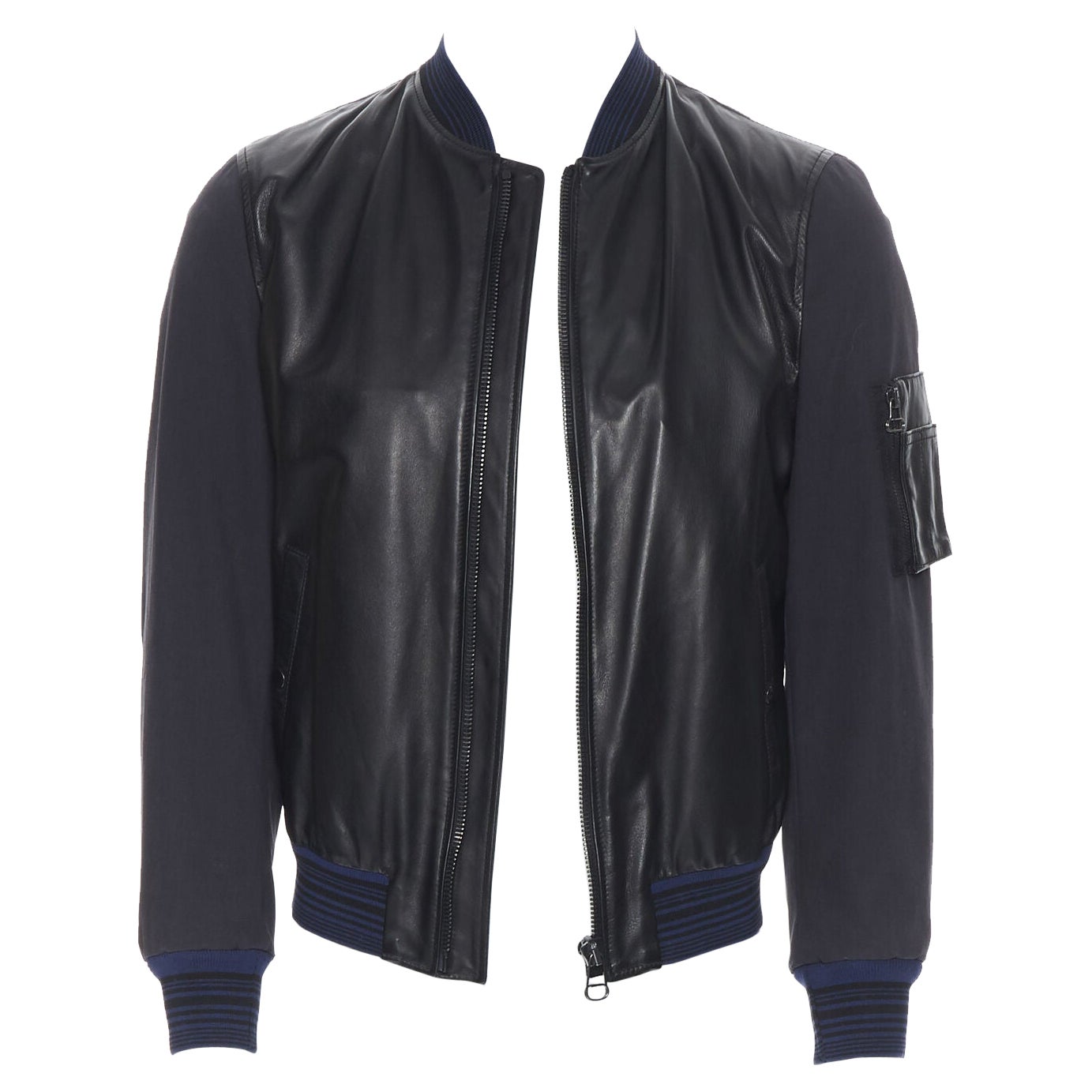 LANVIN ELBAZ black contrast lamb leather front MA1 detail bomber jacket EU44 XS For Sale