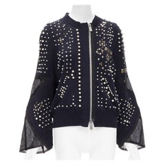 SACAI 2018 black pearl star metal studded sheer panel wide bomber jacket JP3 L