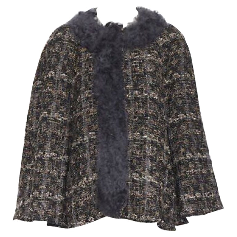 DOLCE GABBANA brown black wool tweed shearling fur trimmed cape poncho jacket XS For Sale