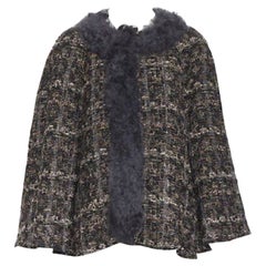 Used DOLCE GABBANA brown black wool tweed shearling fur trimmed cape poncho jacket XS