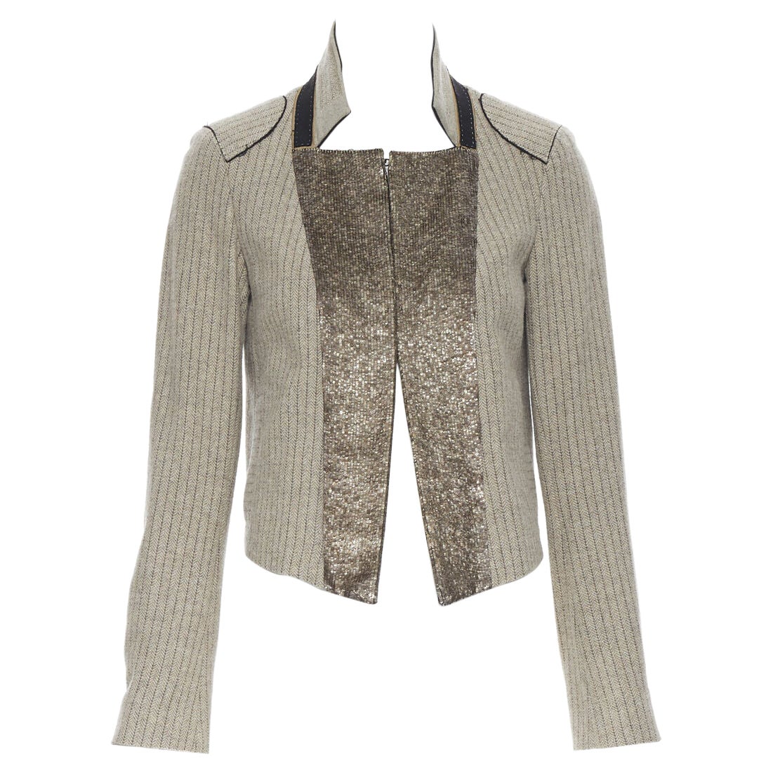 vintage CHLOE grey wool herringbone sequins collar cropped military jacket Fr34 For Sale