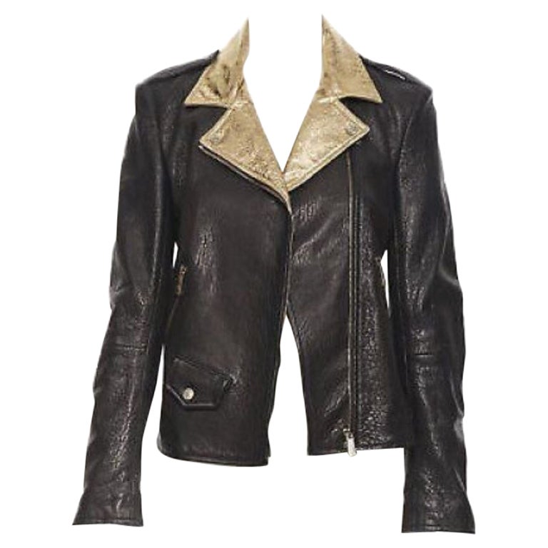 FAITH CONNEXION black pebble leather metallic gold back moto biker jacket FR38 S For Sale