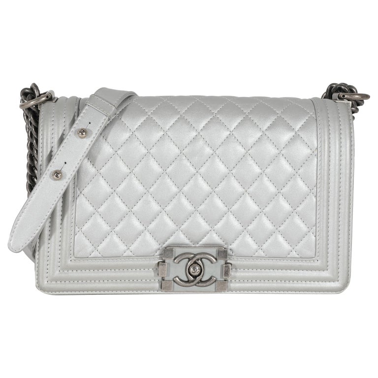 Chanel Silver Calfskin Medium Boy Bag For Sale at 1stDibs