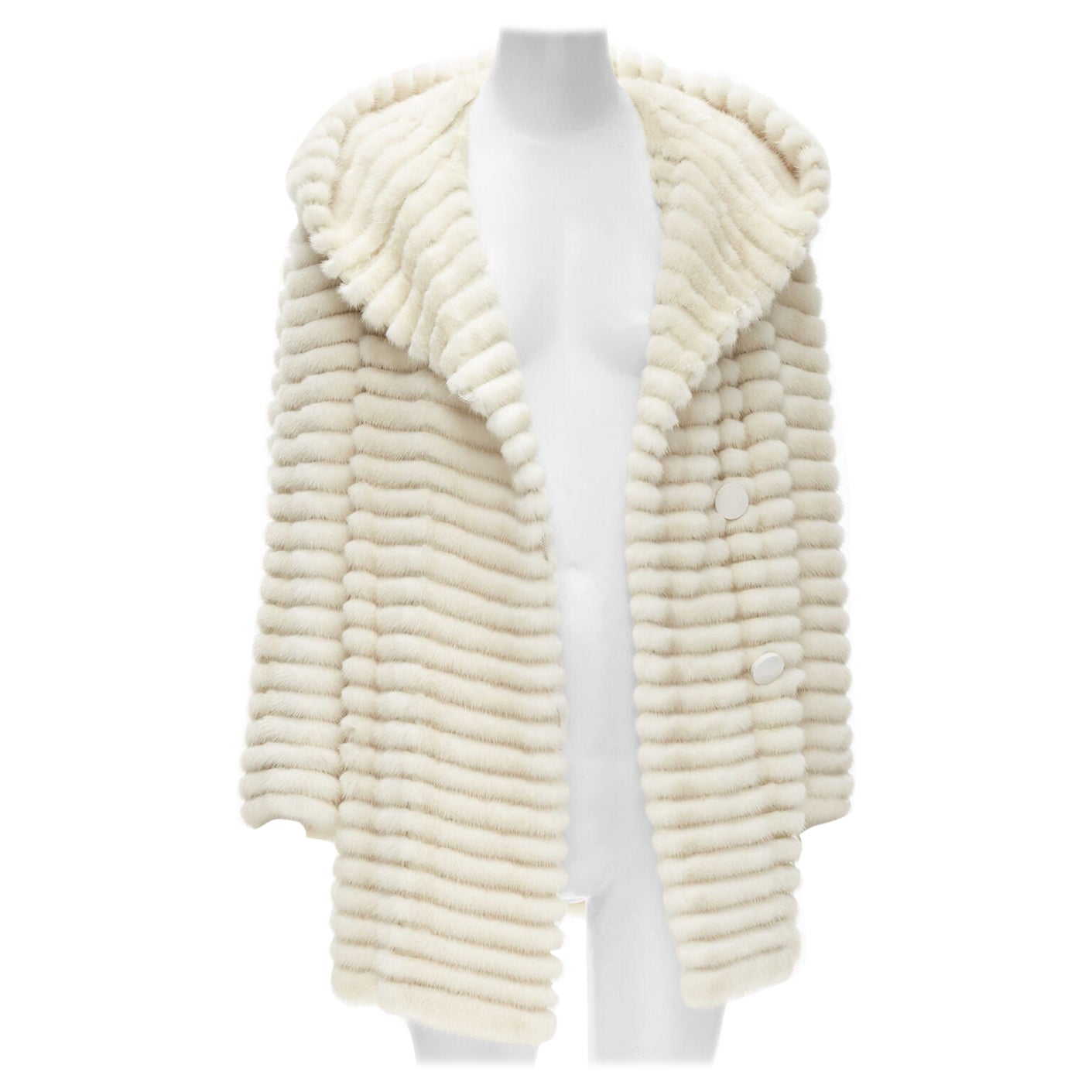 MARCO VANOLI cream tulle fur stripes buttoned asymmetric hooded jacket IT40 S For Sale