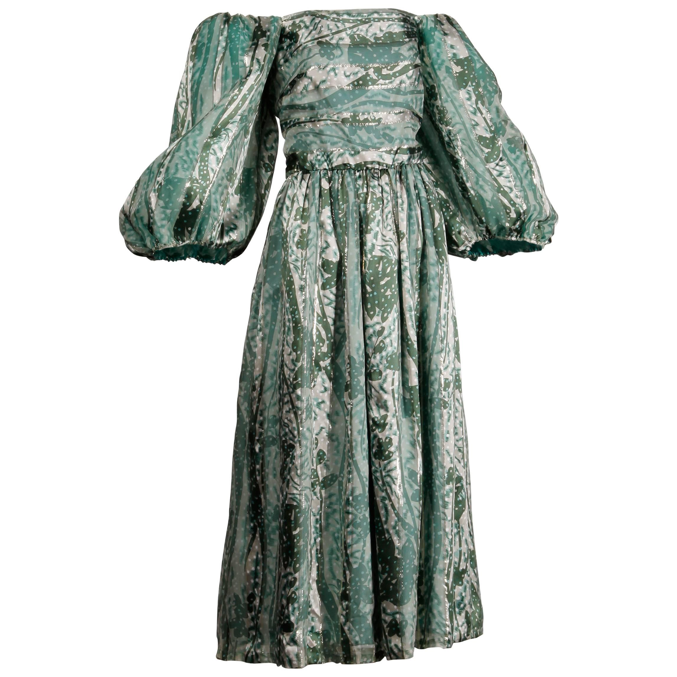 1970s Helga Vintage Metallic Green Silk Off-the-Shoulder Dress