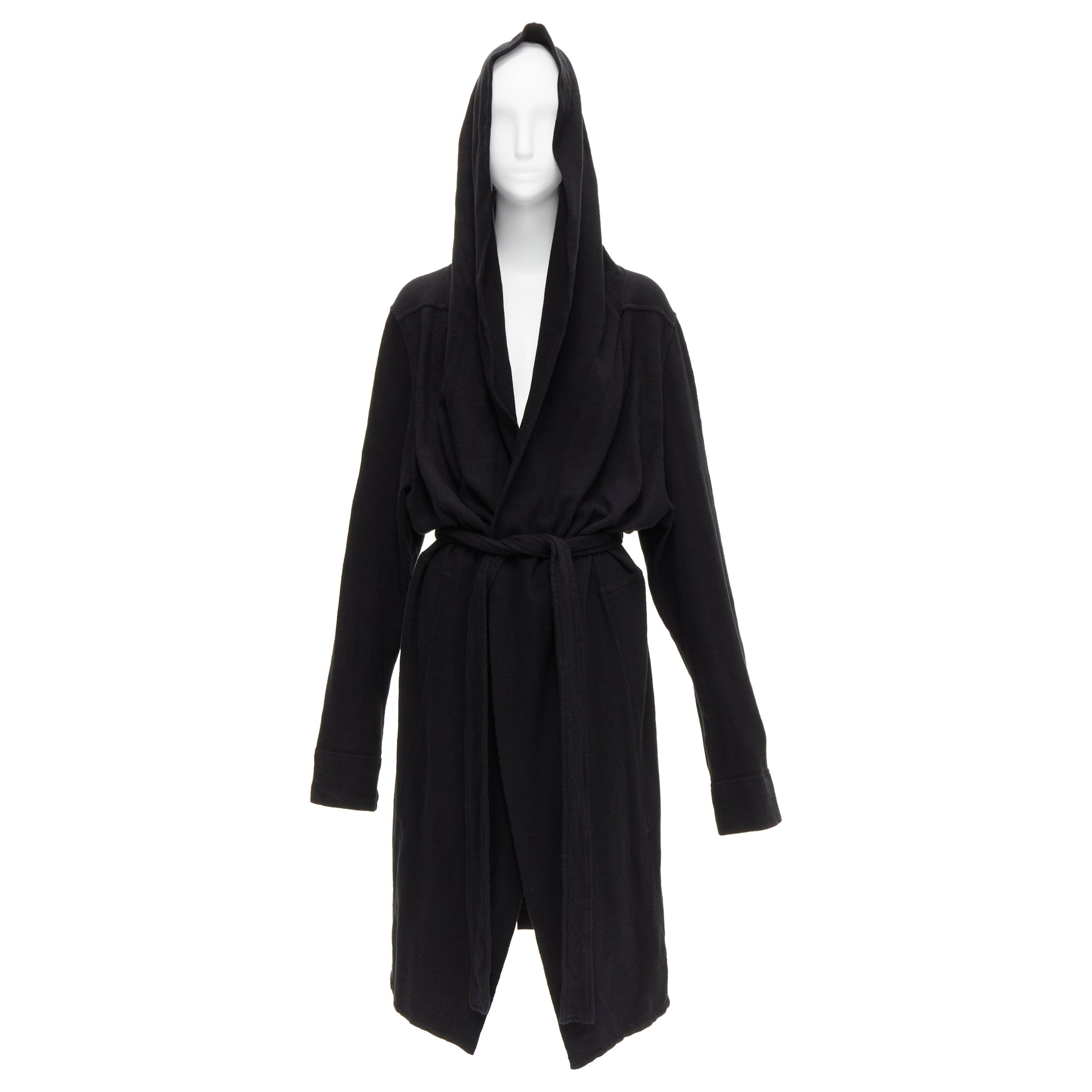 RICK OWENS DRKSHDW black cotton thick jersey hooded belted robe jacket S For Sale