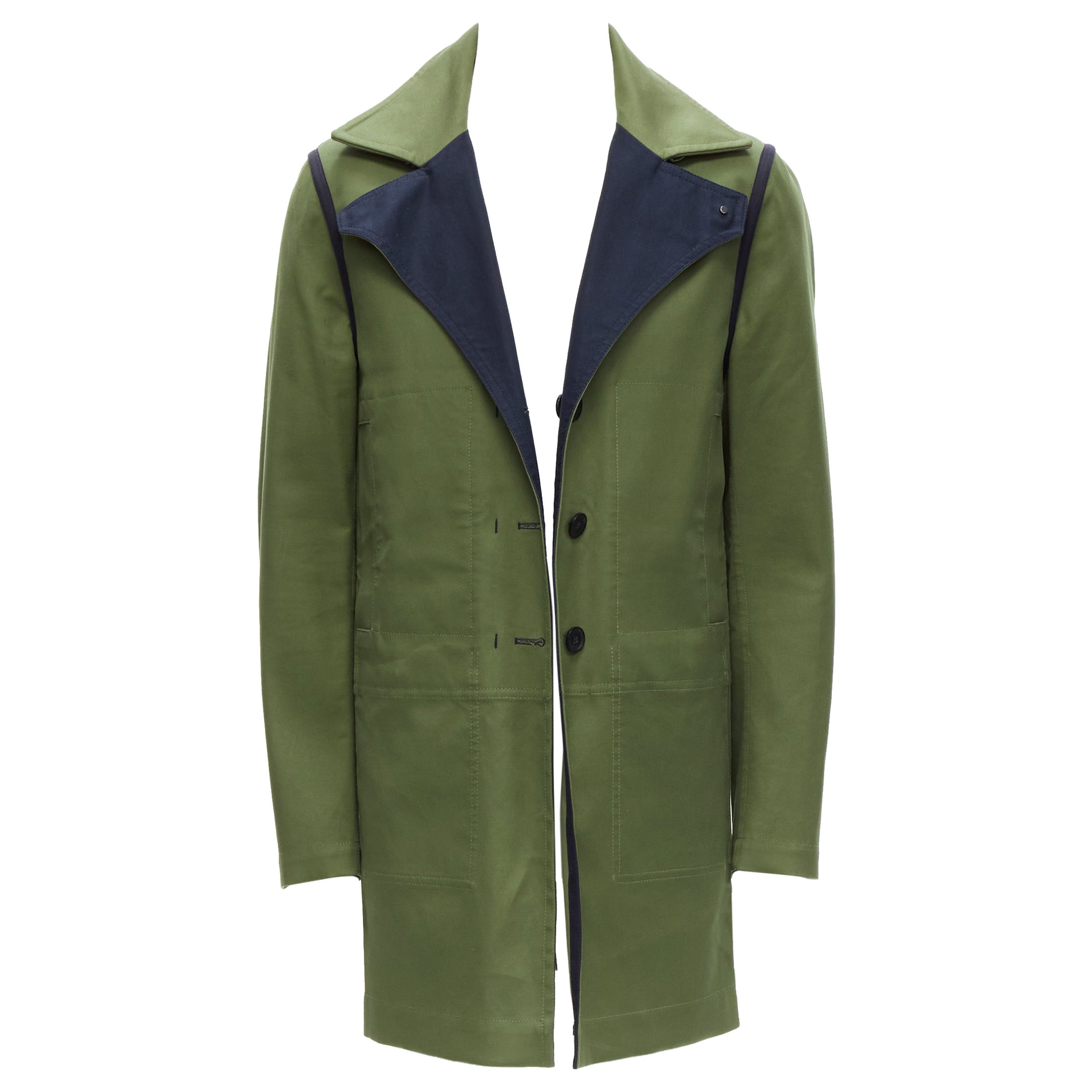 VALENTINO Reversible green navy cotton poplin oversized collar mid coat EU48 M For Sale