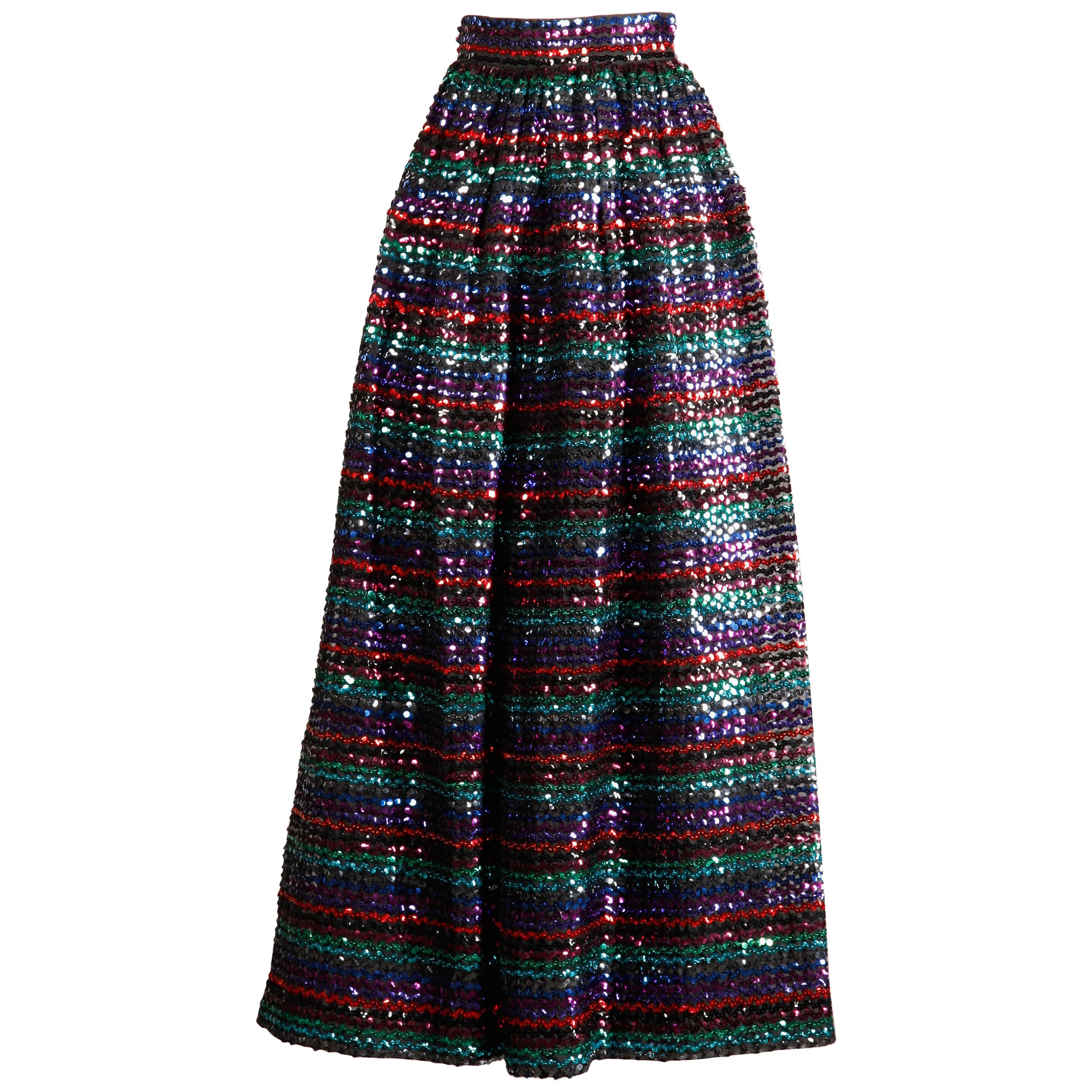 1970s Vintage Striped Metallic Sequin Maxi Skirt