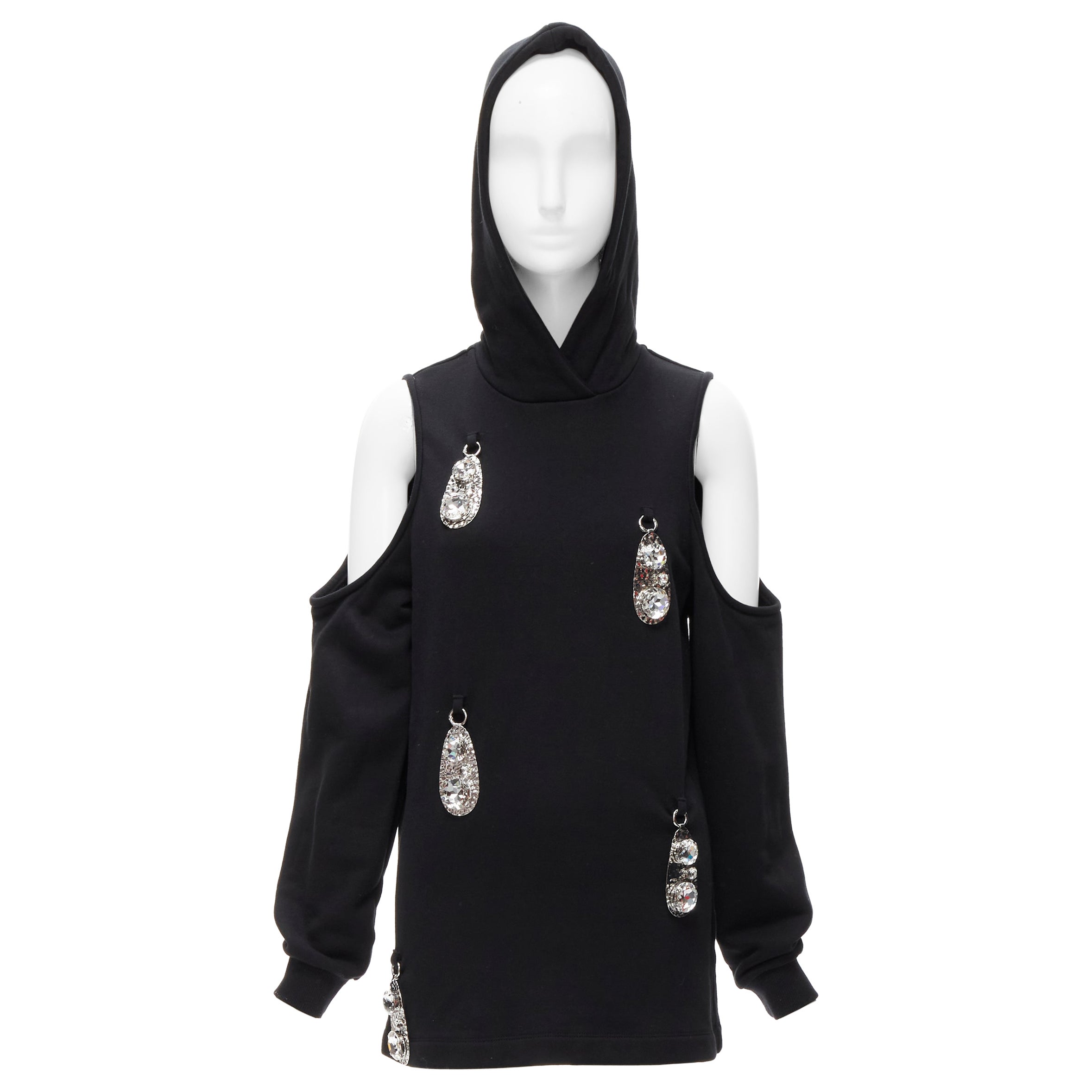 AREA crystal hammered pendant black cold shoulder hoodie XS For Sale