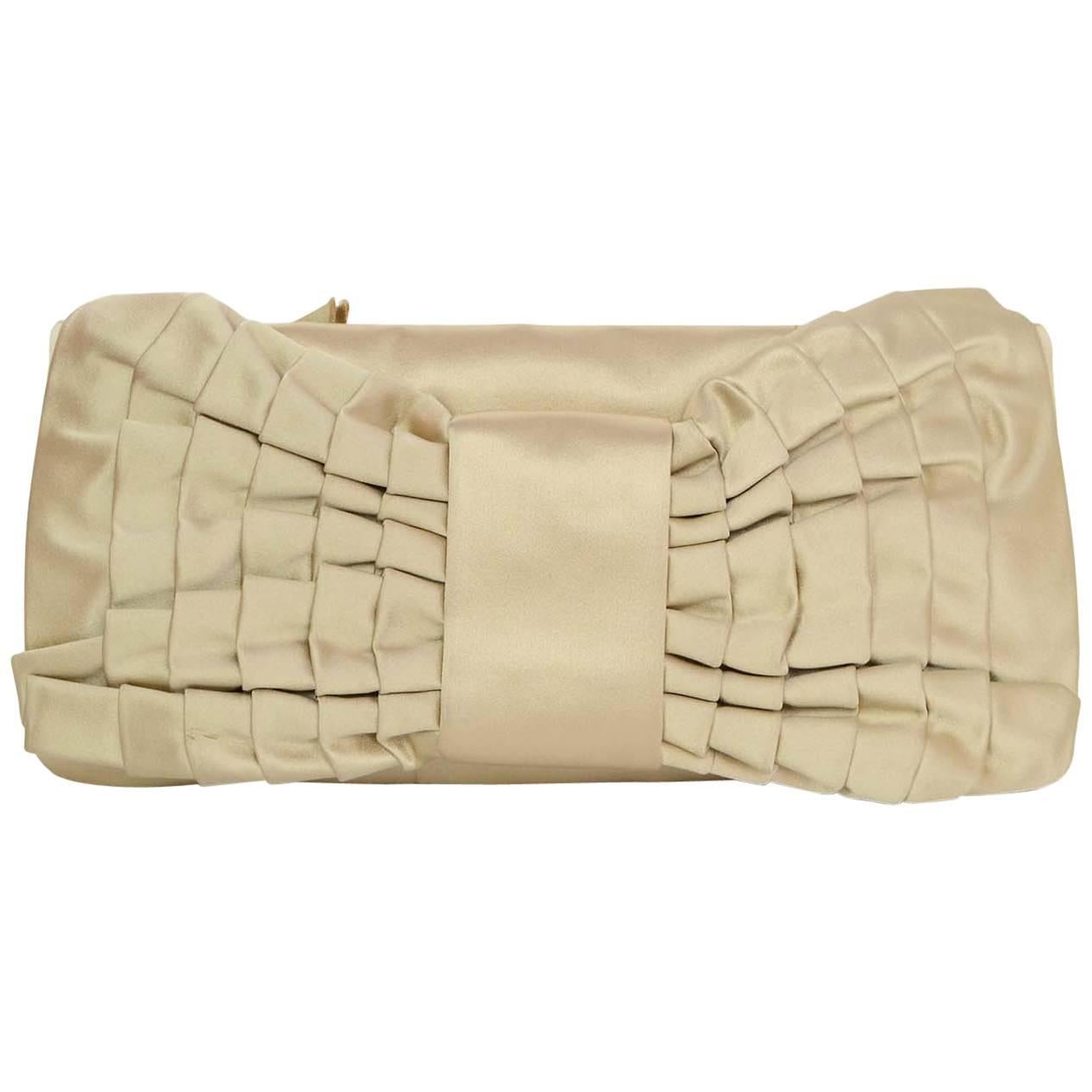 Valentino Champagne Silk Pleated Bow Clutch