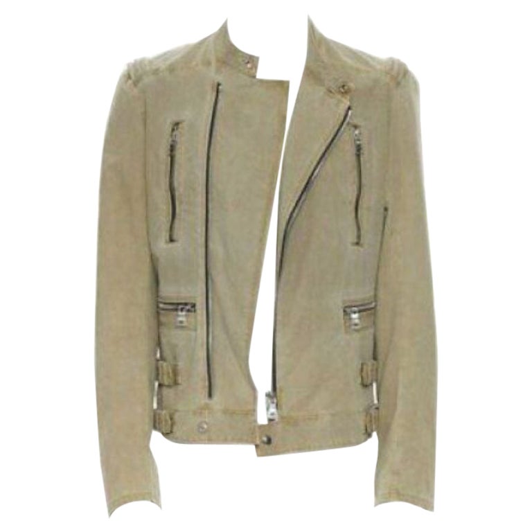 BALMAIN beige khaki washed gridwork cotton asymmetric zip biker jacket L For Sale