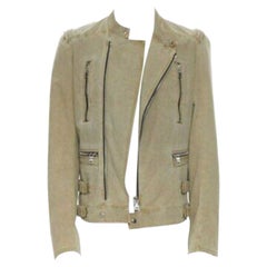 Used BALMAIN beige khaki washed gridwork cotton asymmetric zip biker jacket L