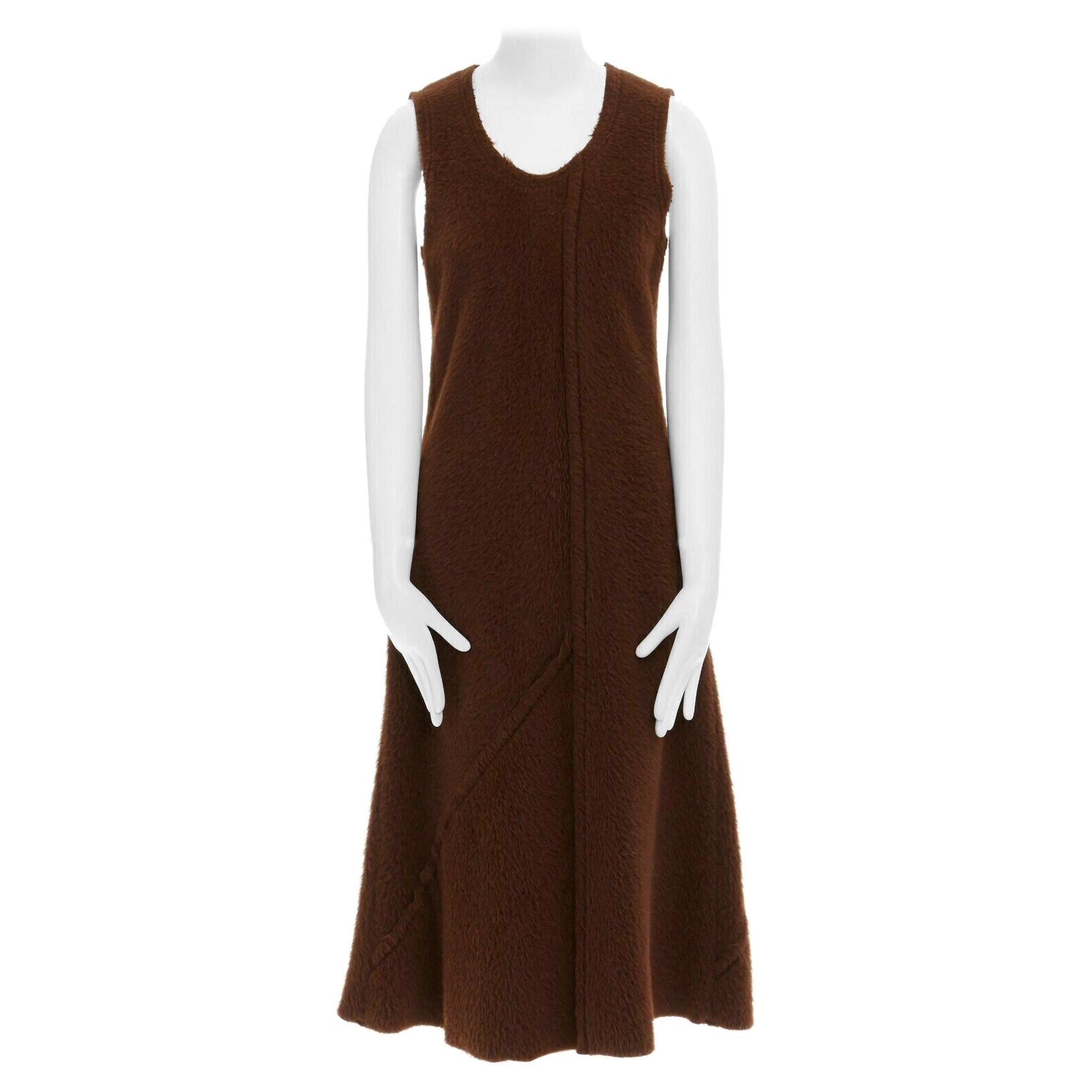 COMME DES GARCONS 1993 brown reversed seam fuzzy plush wool midi dress M